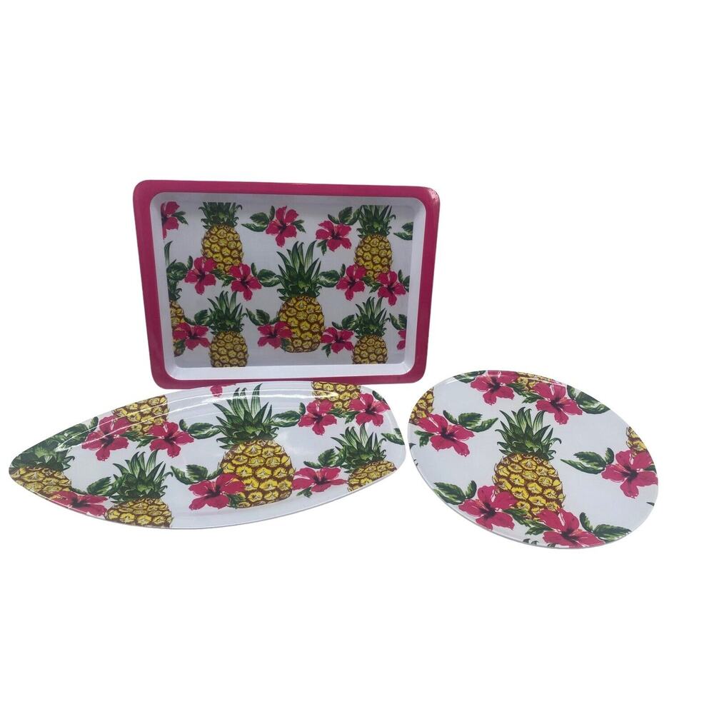 Pineapple ‘hello summer’ Serving Trays Platters Plate bbq picnic set of 3
